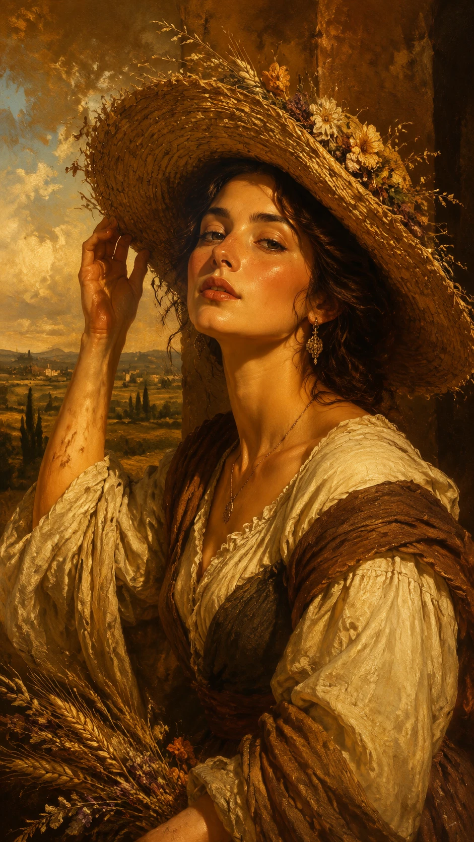 Retrato em estilo renascentista de uma mulher no campo