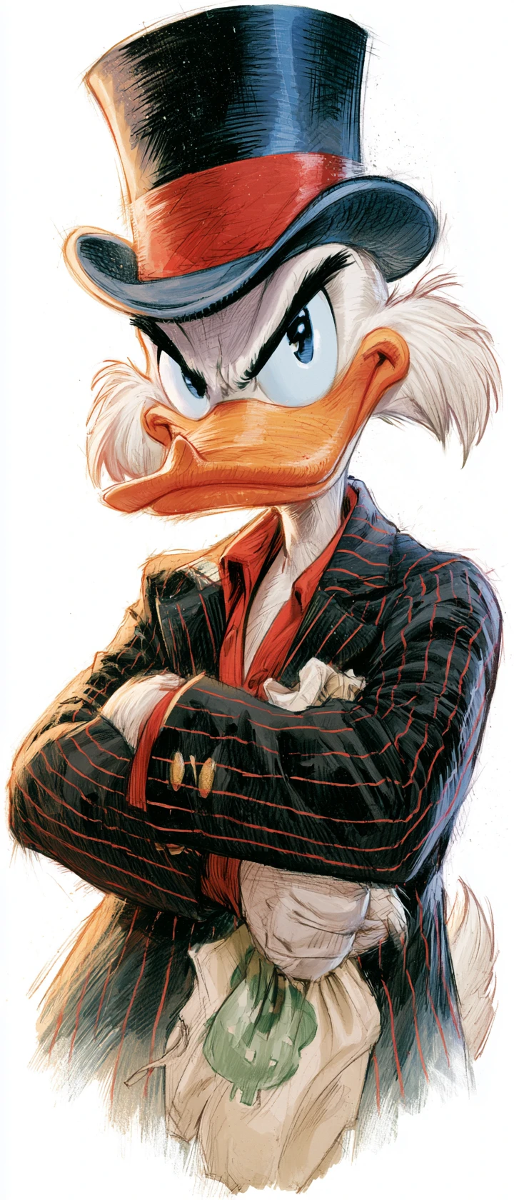 Pato gângster em desenho animado segurando um saco de dinheiro em fundo branco