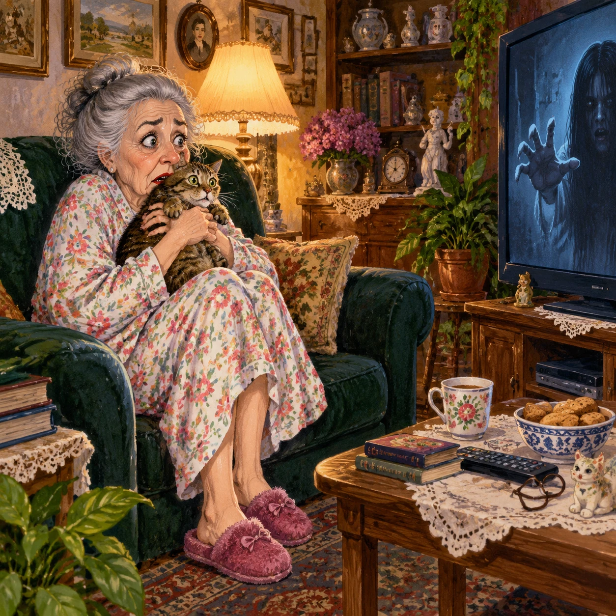 Idosa apertando o gato durante um filme de terror
