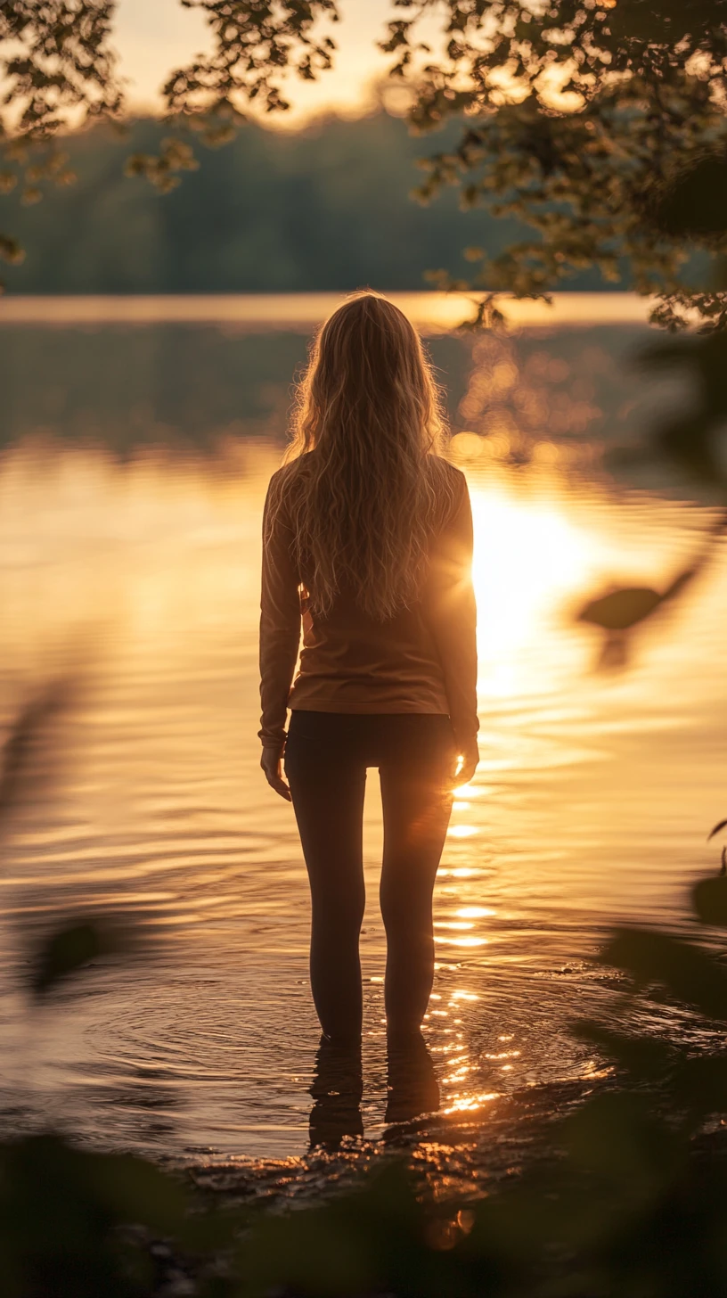 夕暮れの静かな湖畔に立つ若い女性