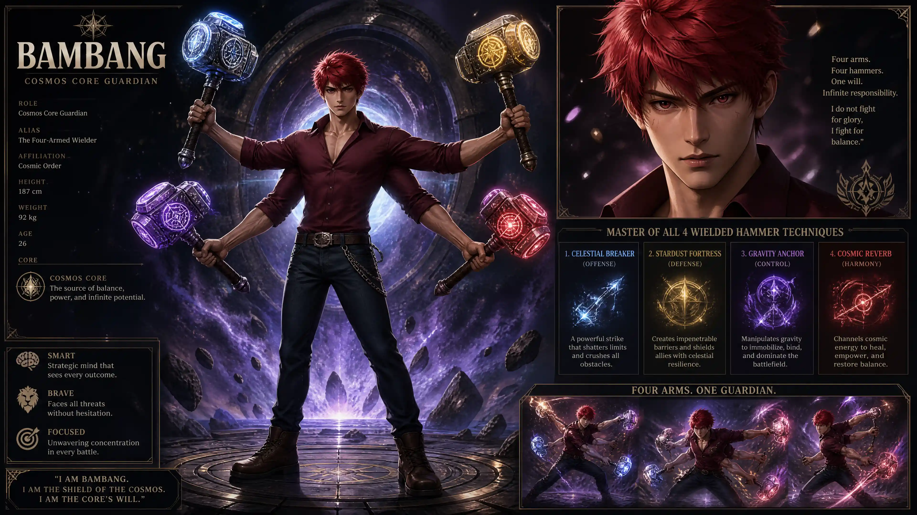 Four armed cosmic guardian with red hair and hammers