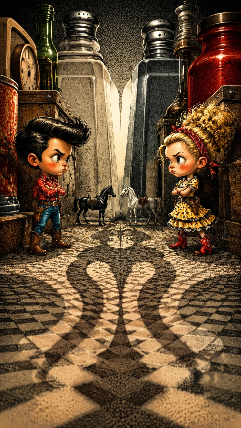 Niños diminutos en un divertido duelo al estilo del oeste – ilustración