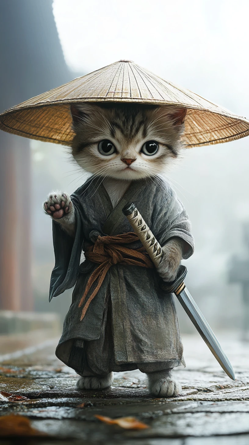 Chat guerrier chibi avec chapeau de bambou et épée dans la brume