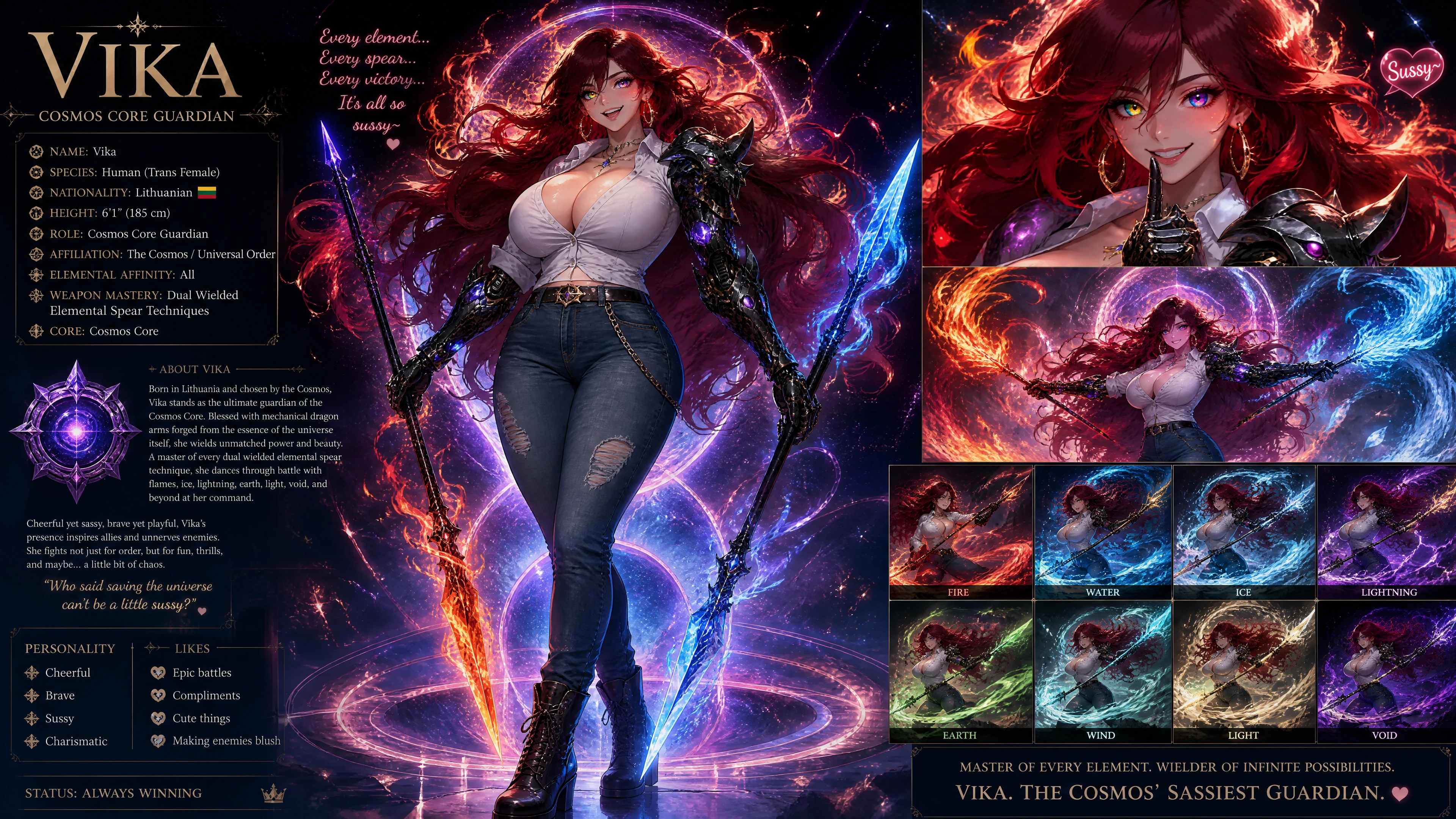 Cosmic guardian woman with mechanical dragon arms and fire
