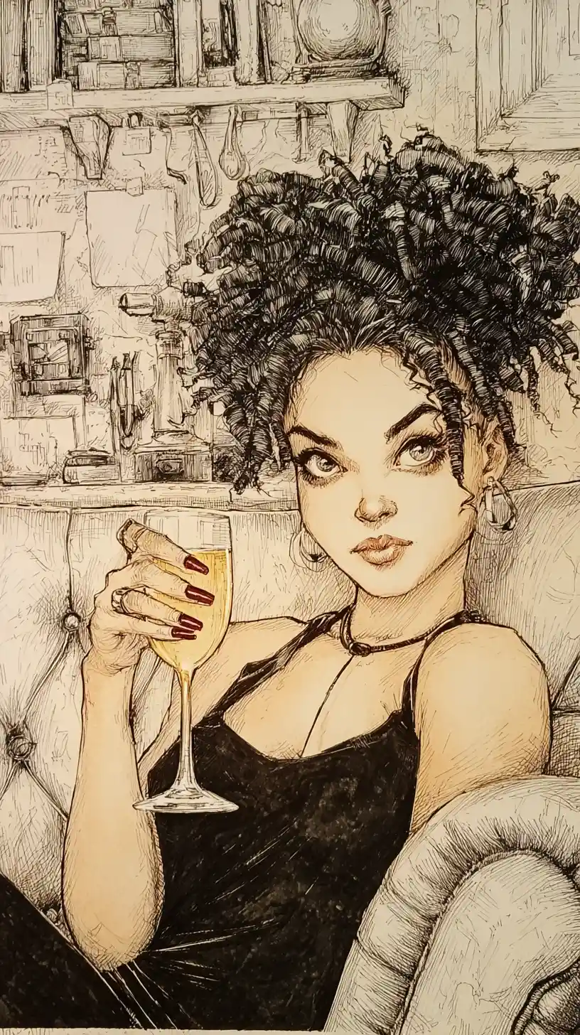Mulher negra relaxada no sofá em desenho a tinta atmosférico