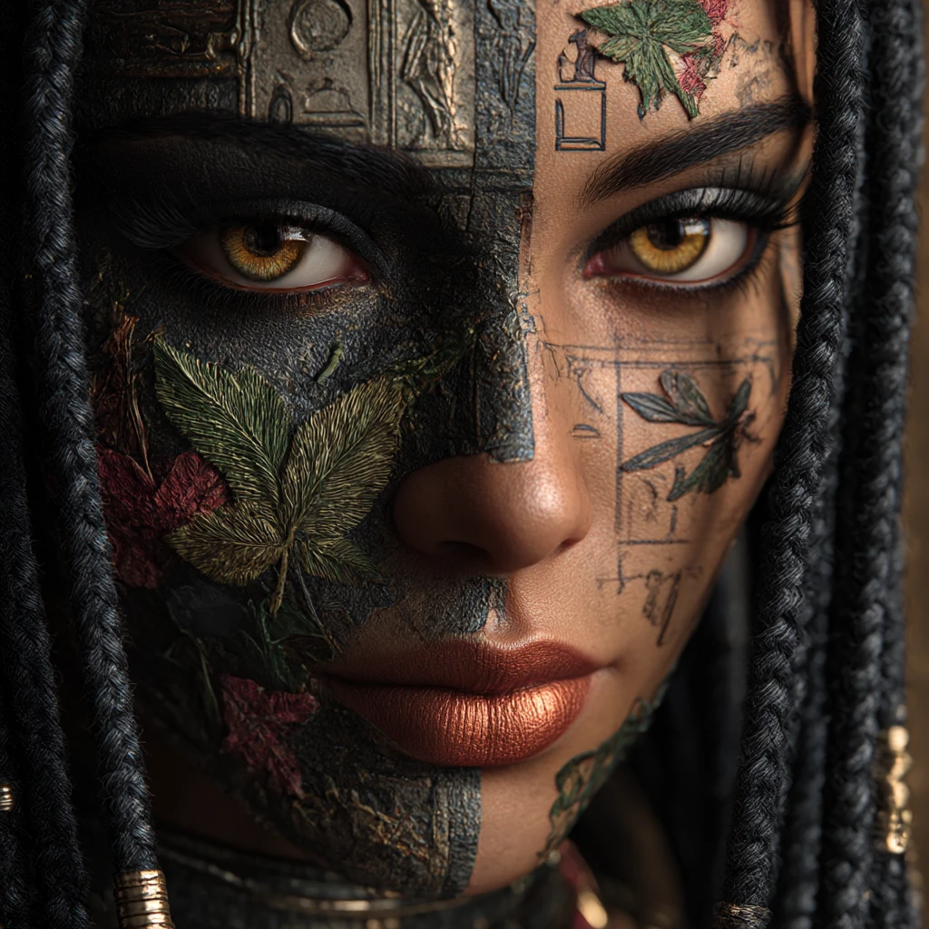 Surreal portrait of an embroidered ancient Egyptian woman