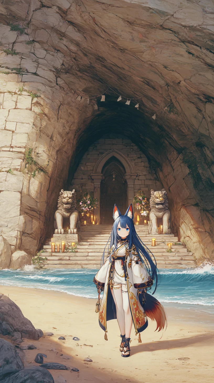 Fröhliches Anime-Mädchen, das am Strand bei Sonnenuntergang entlanggeht