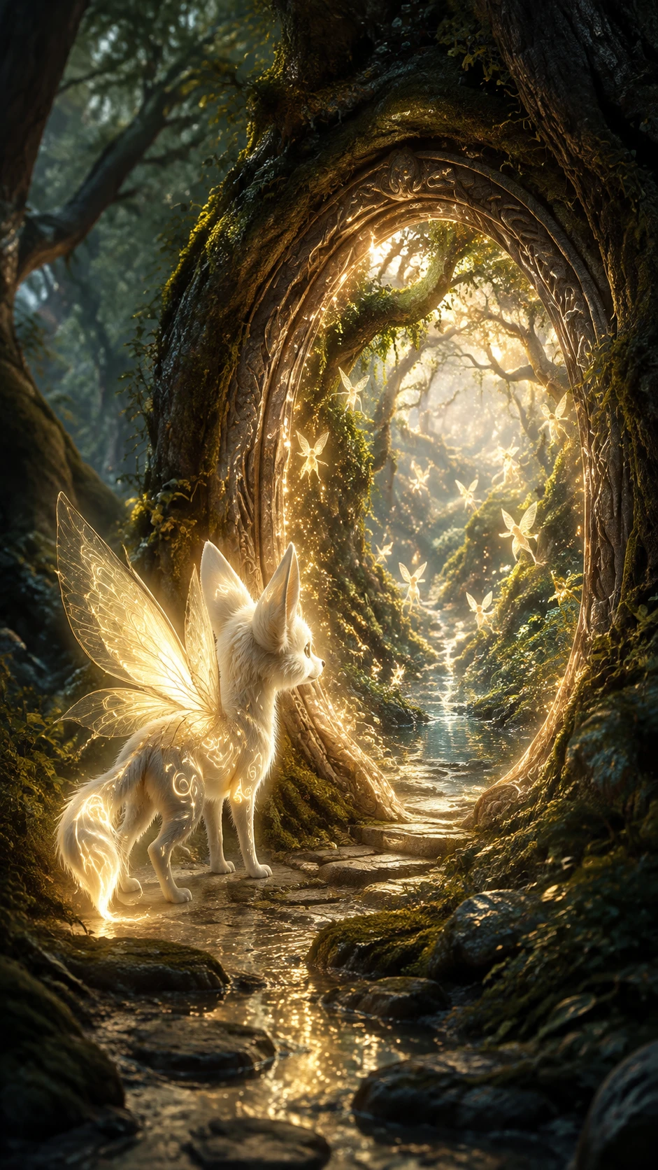 Mythical creature discovering a glowing forest portal