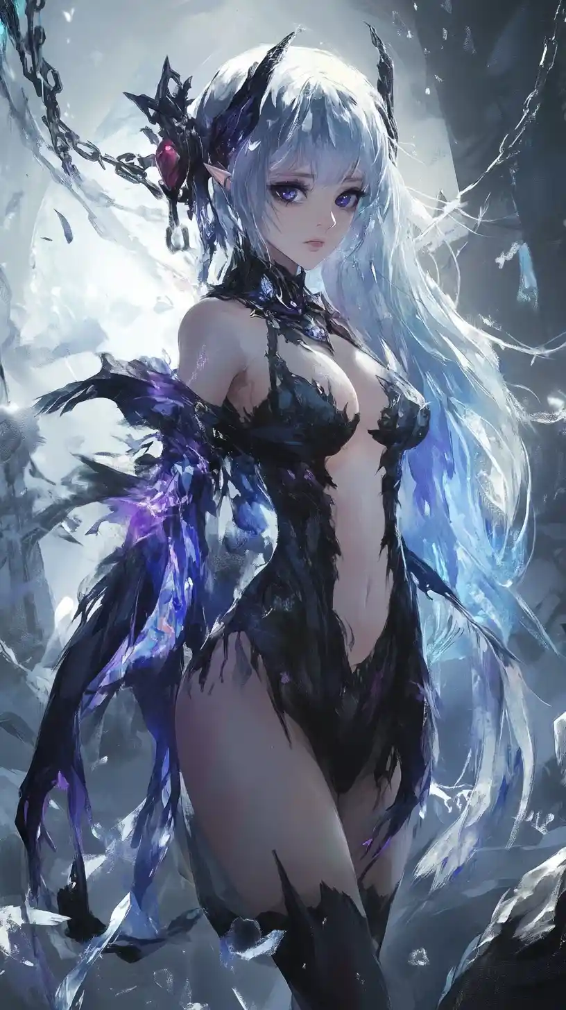 Garota de anime em vestido de flocos de neve queimado com olhos fantasmagóricos