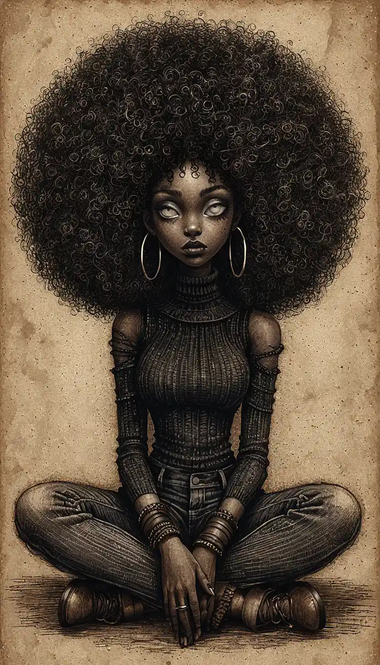 Mujer negra sombría con ojos muy abiertos en dibujo gótico a grafito