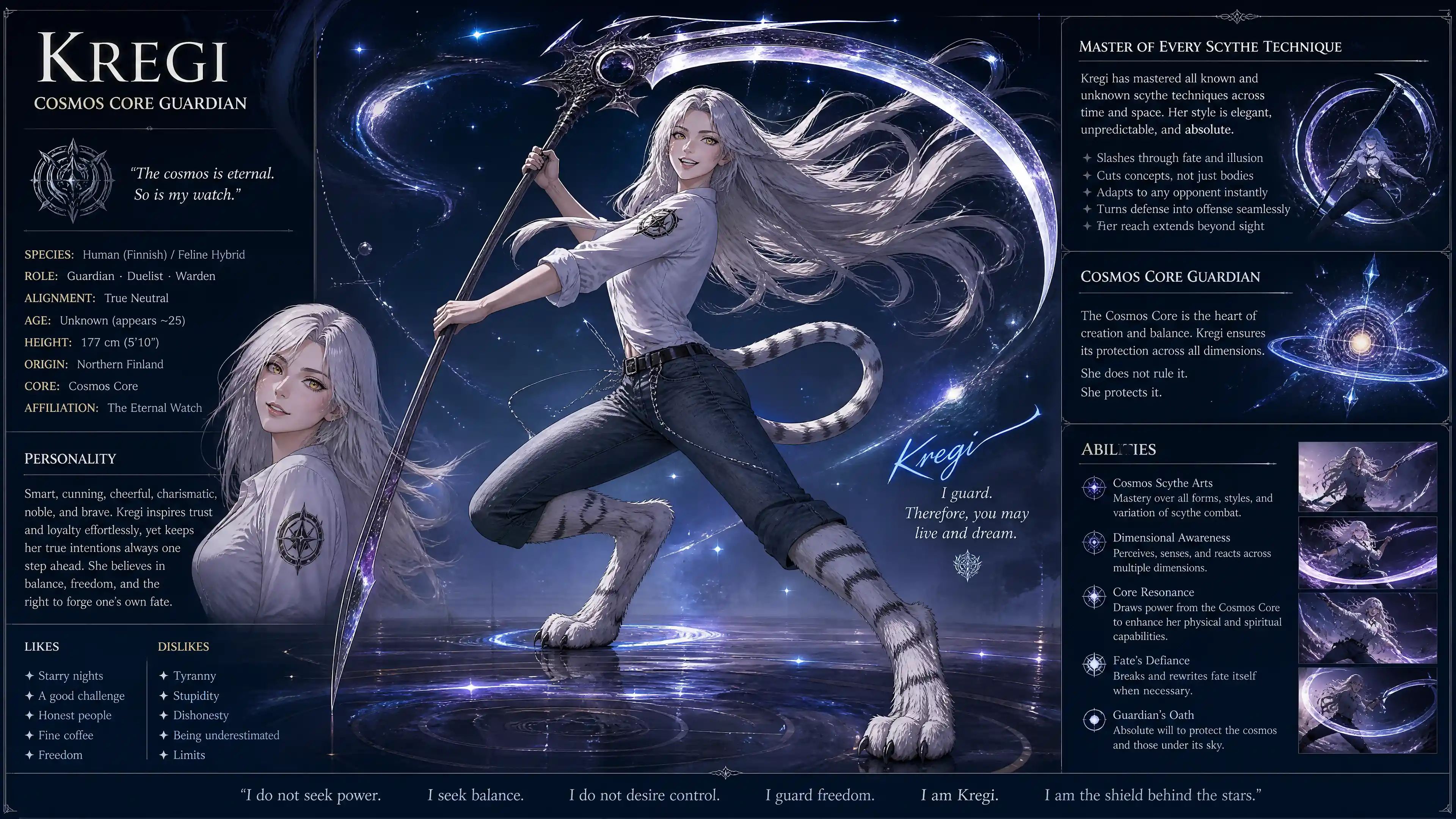 Silver haired fantasy guardian woman with white tiger legs