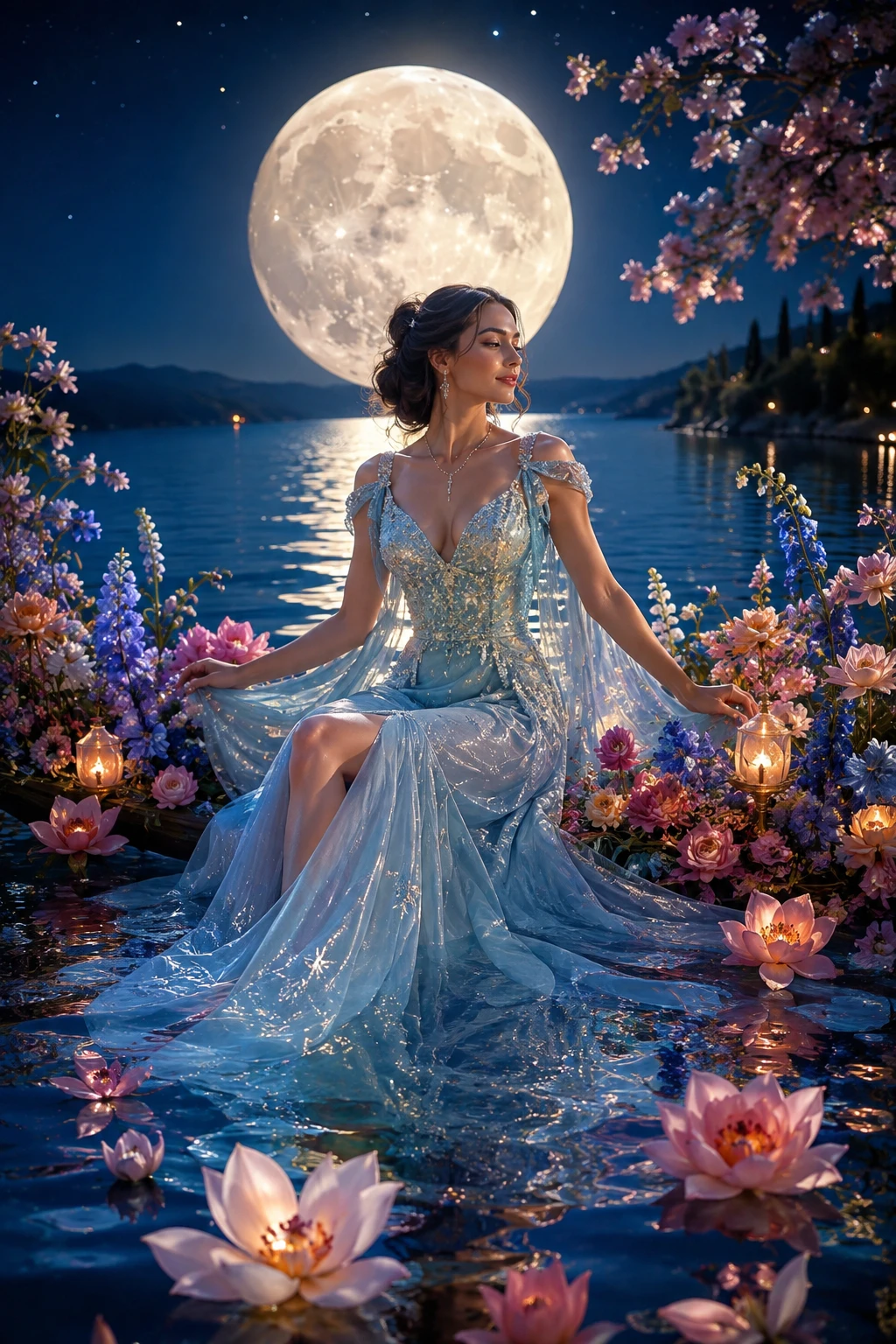 Mulher elegante deslizando sobre um lago florido ao luar
