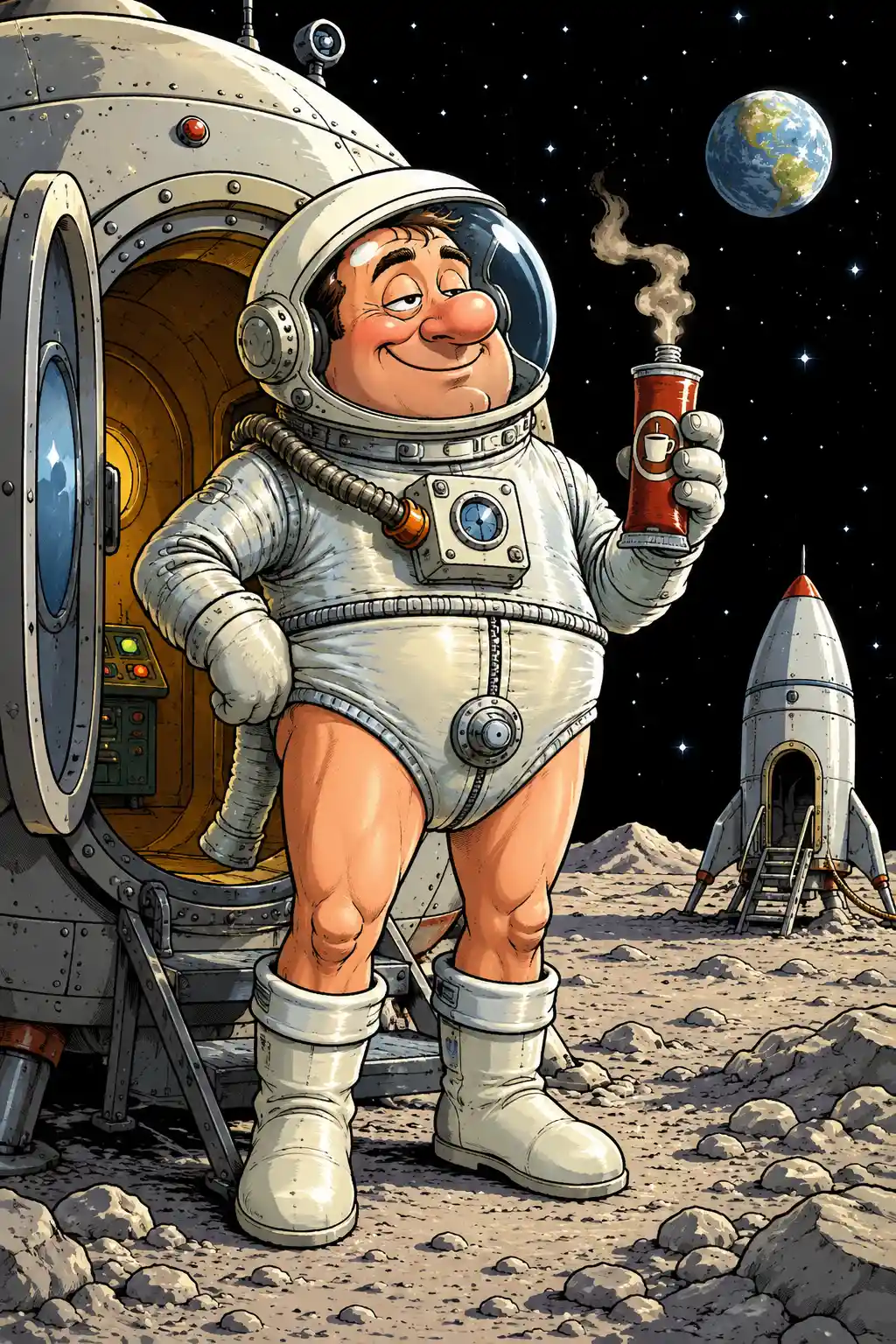 Astronauta cartoon nello spazio con tubo di cacao e vuoto fresco