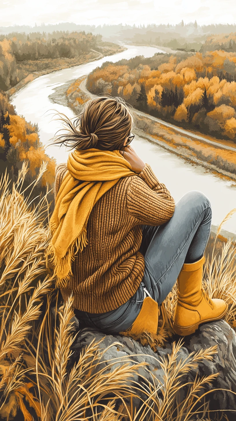 Woman on a windy cliff overlooking a quiet autumn river