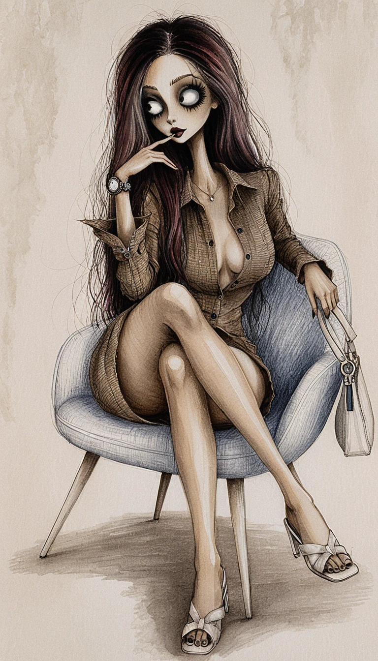 Ilustração em tinta atmosférica de uma mulher em uma poltrona moderna