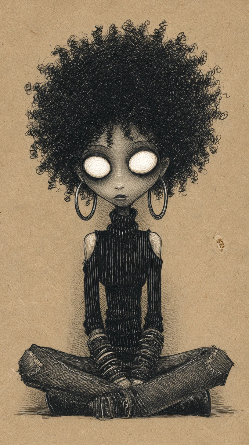 Desenho gótico em grafite de uma mulher séria com olhos arregalados