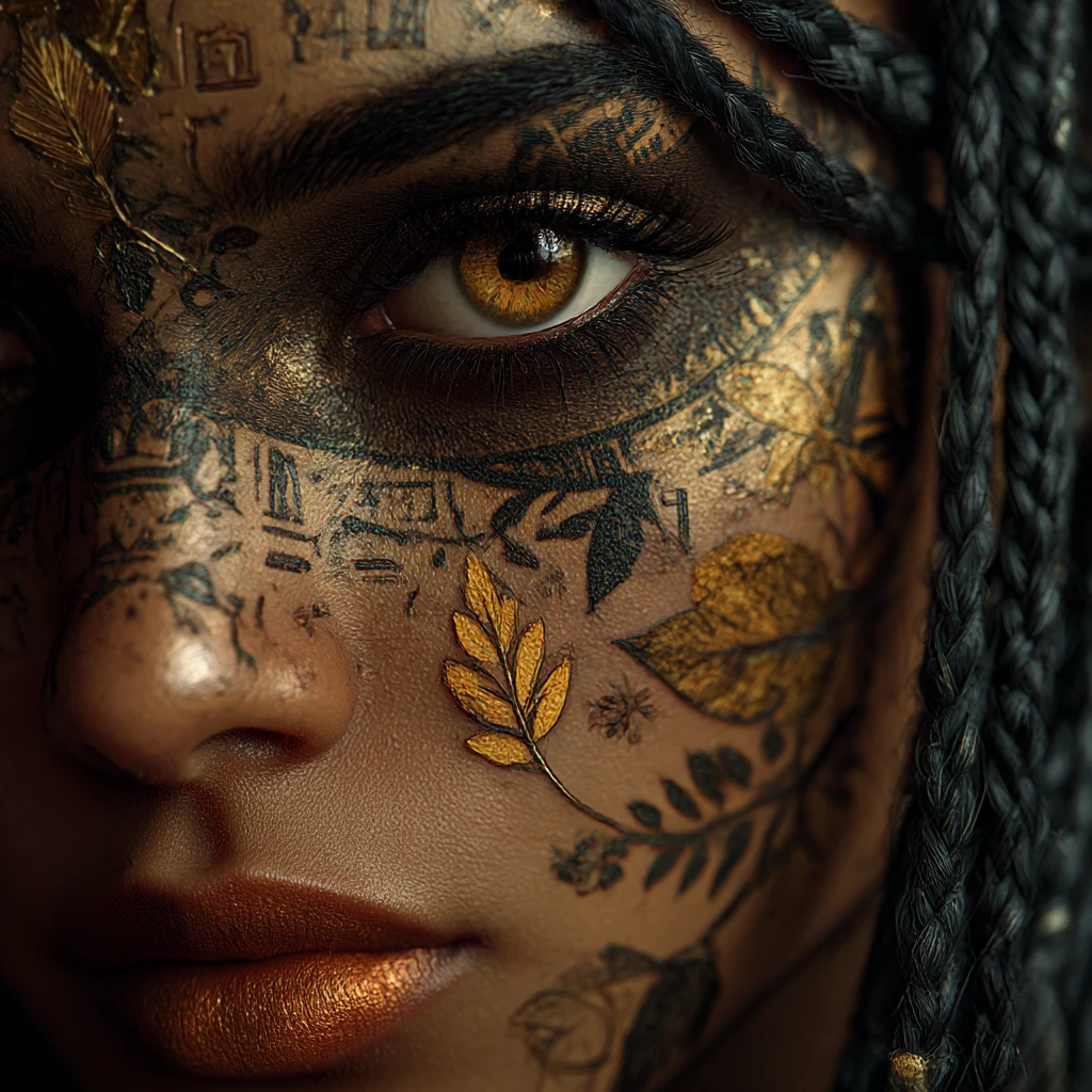 Mystical Egyptian woman portrait with ornate embroidered face