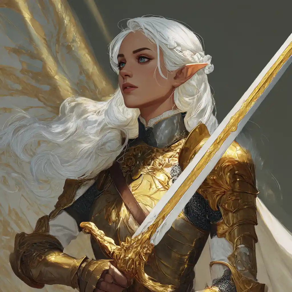 Paladina elfa em armadura dourada com espada mágica