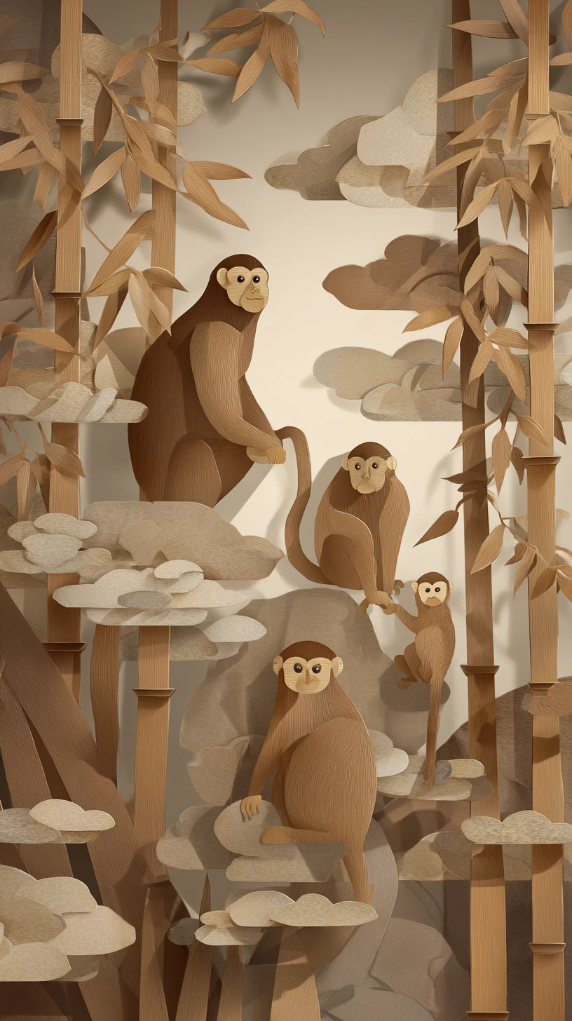 Família de macacos em papel em uma floresta de bambu tranquila