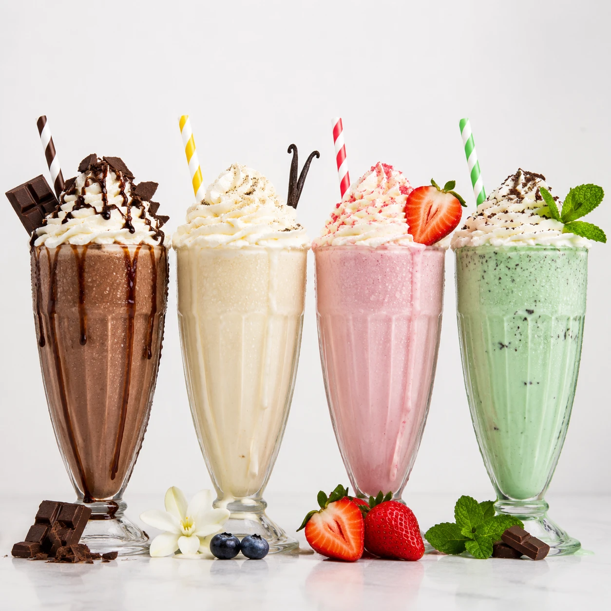 Quatro milkshakes coloridos com chantili em fundo branco
