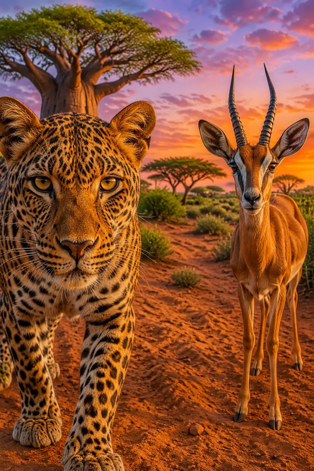 Primo piano di un leopardo sulla sabbia del deserto nella savana africana