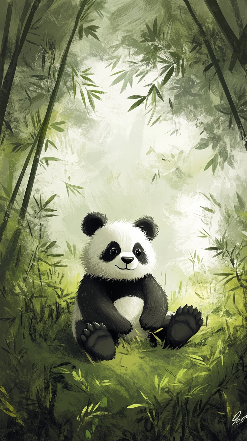 Panda descansando entre bambus verdes em tons suaves de terra