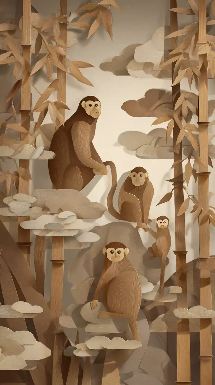 Famille de singes en papier dans une paisible forêt de bambous