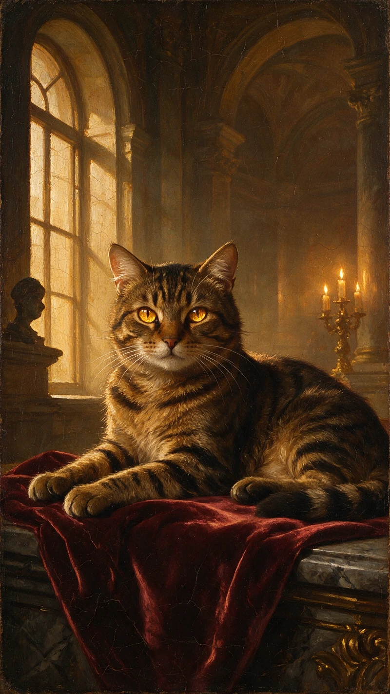 Gato malhado majestoso em parapeito de veludo em retrato a óleo quente