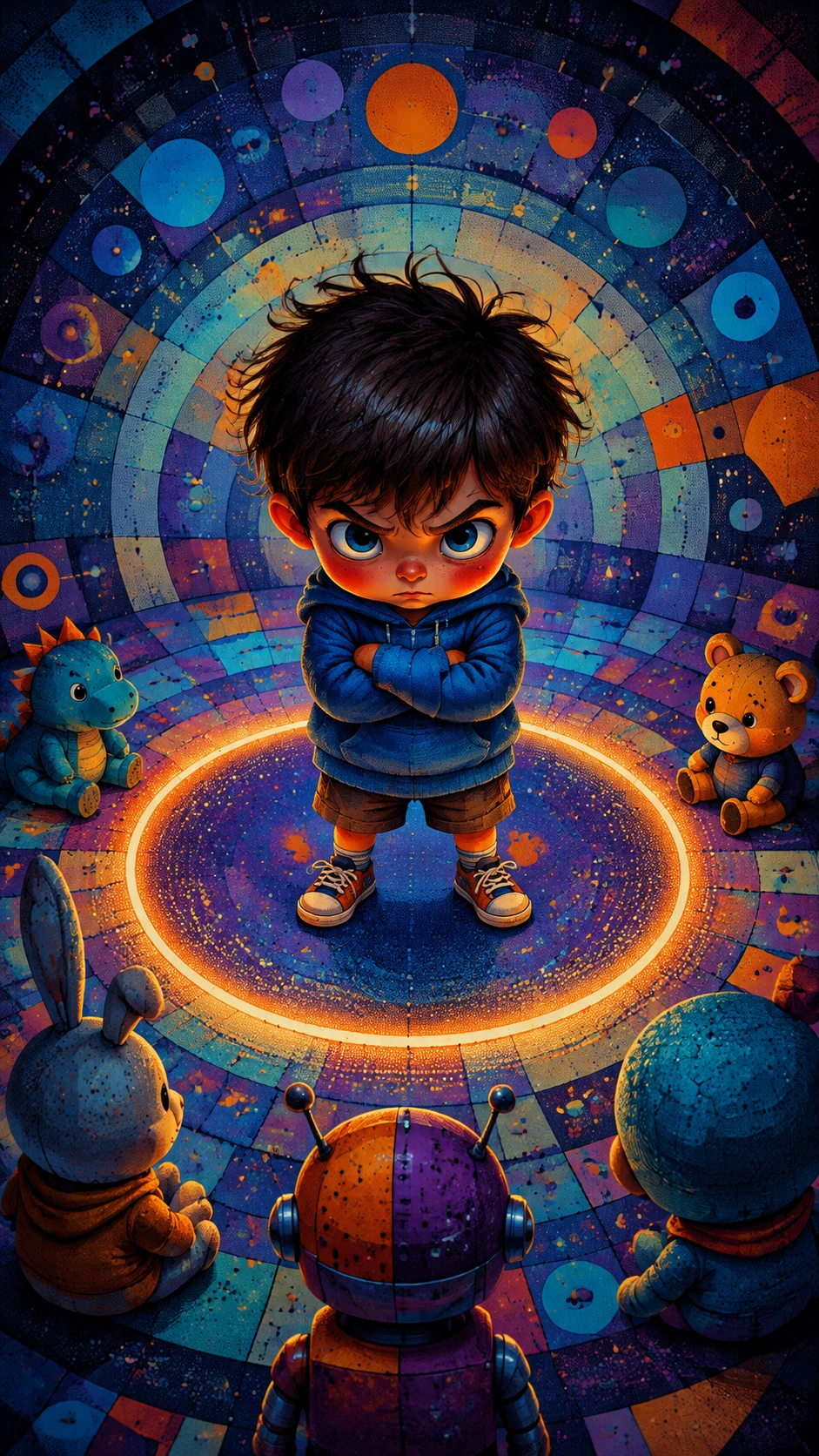 Piccolo bambino dentro a un cerchio luminoso con giochi sul bordo