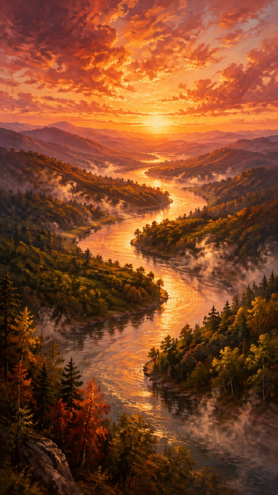 Vallée fluviale romantique à l’heure dorée en peinture à l’huile