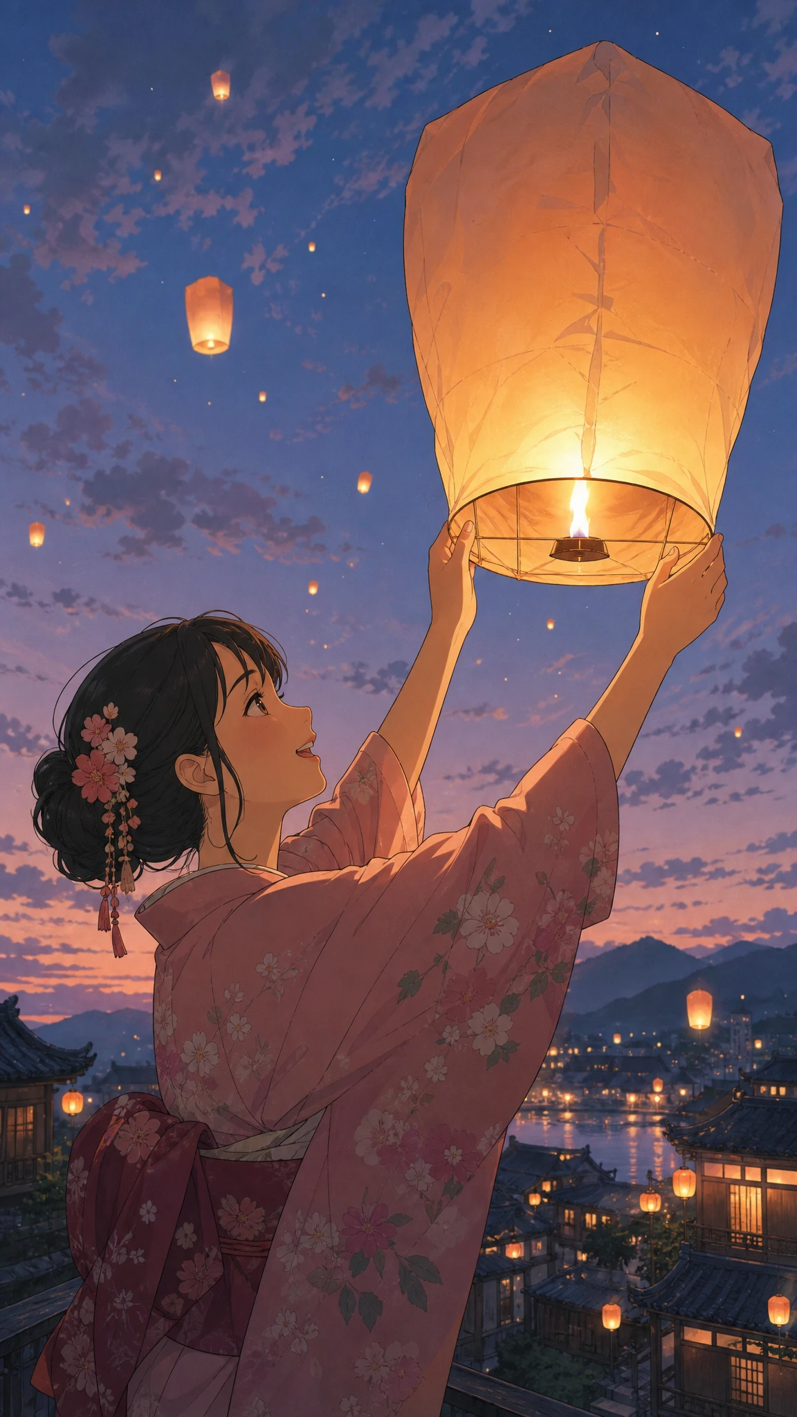 Giovane donna in kimono che libera una lanterna nel cielo della sera