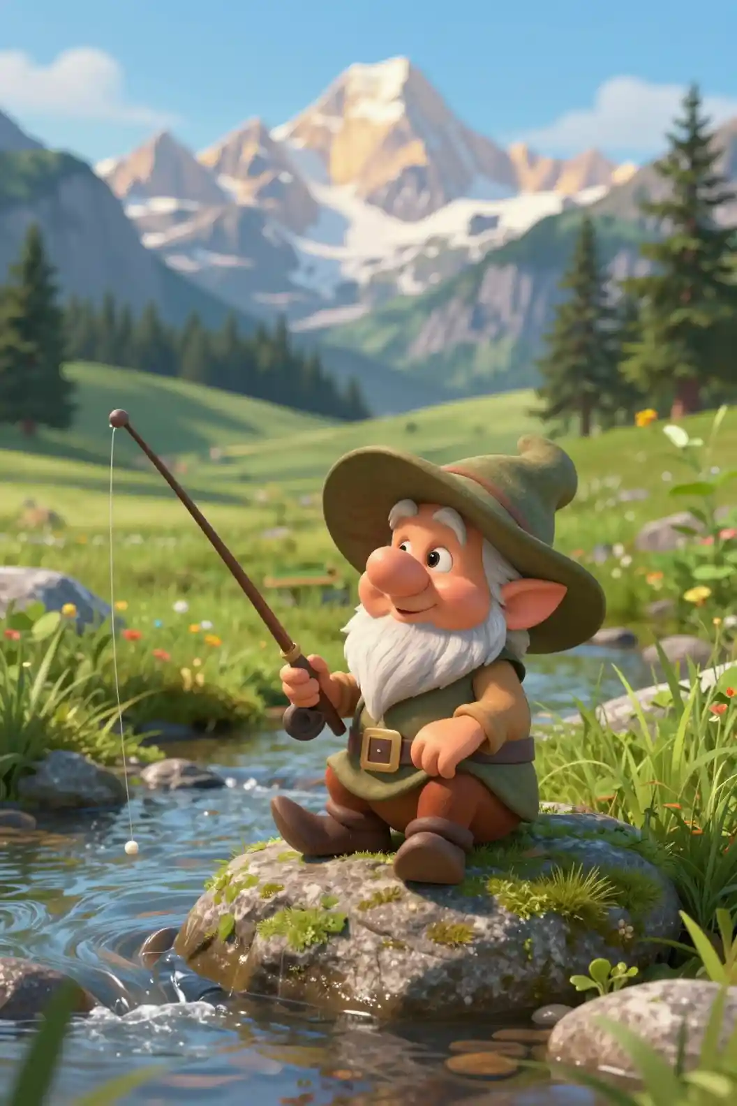 Adorable vieux gnome pêchant au bord d’un ruisseau de montagne cristallin