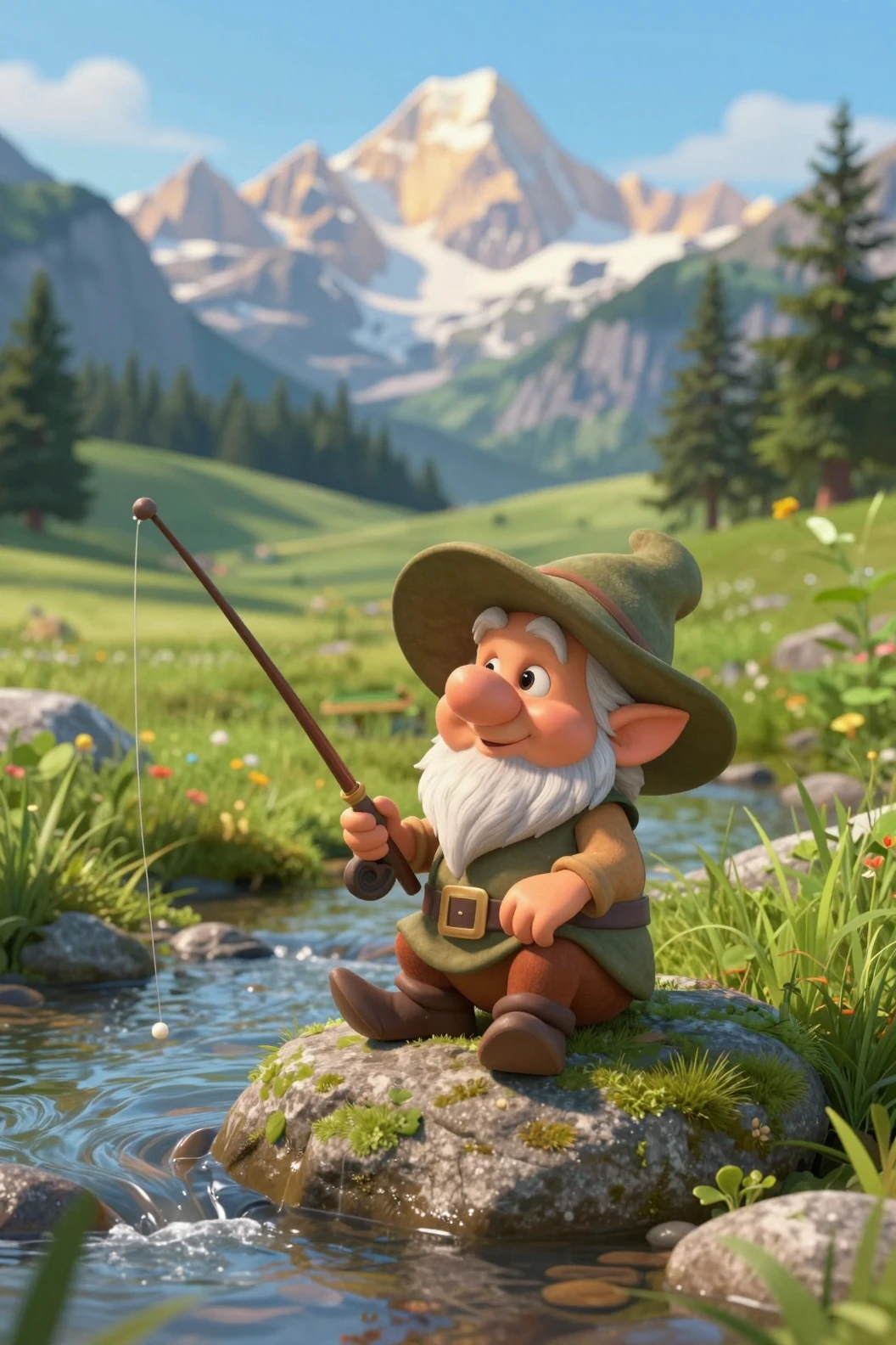 Adorable vieux gnome pêchant au bord d’un ruisseau de montagne cristallin
