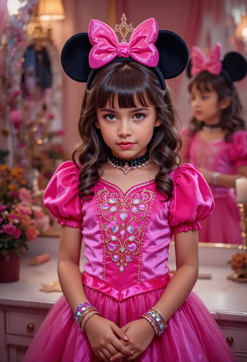 ドレッサーの前でプリンセスドレスを着た少年