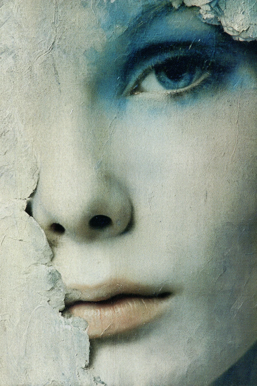 Retrato surreal feminino em close-up em tons de azul-mar e areia