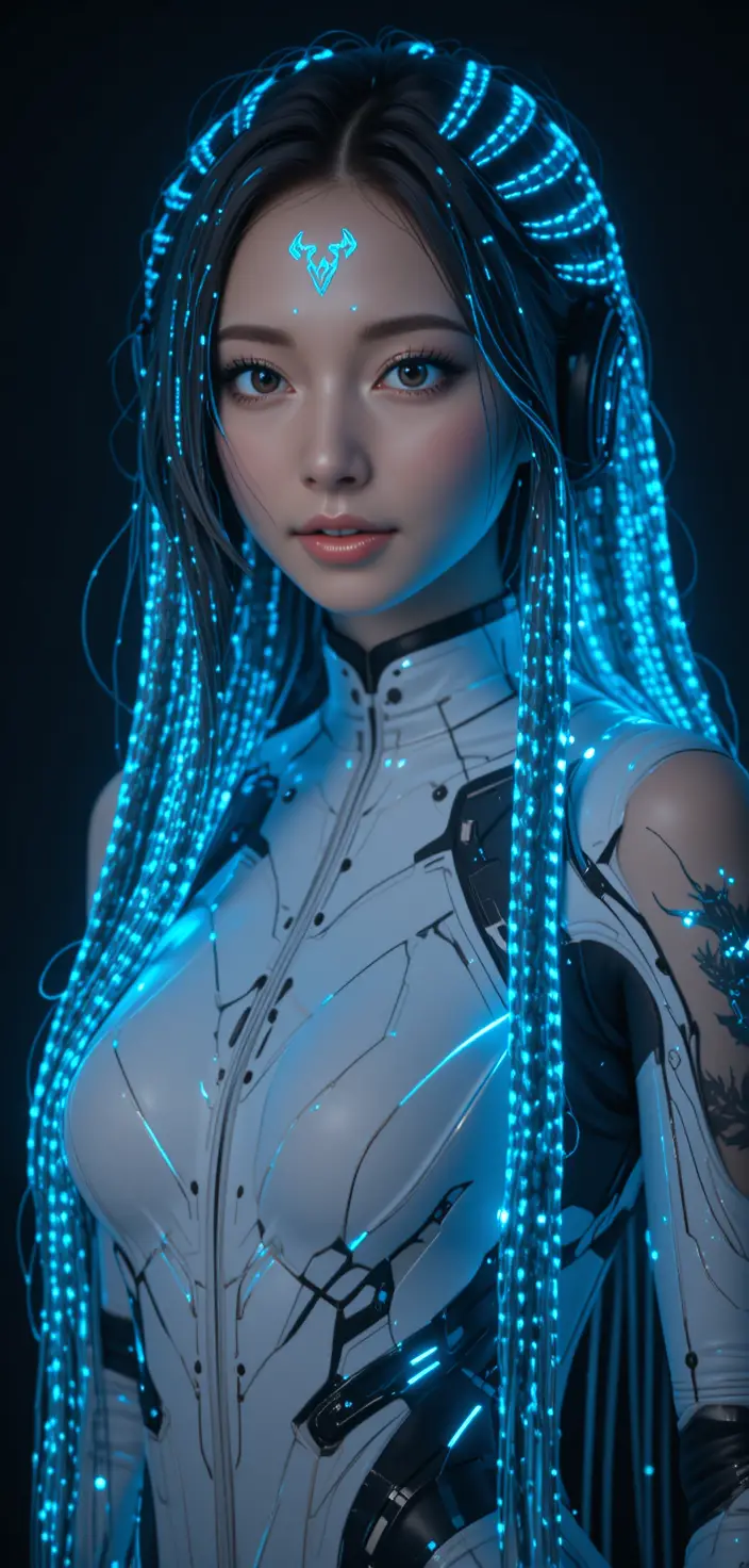 Cyan braided haired sci fi woman in glowing portrait