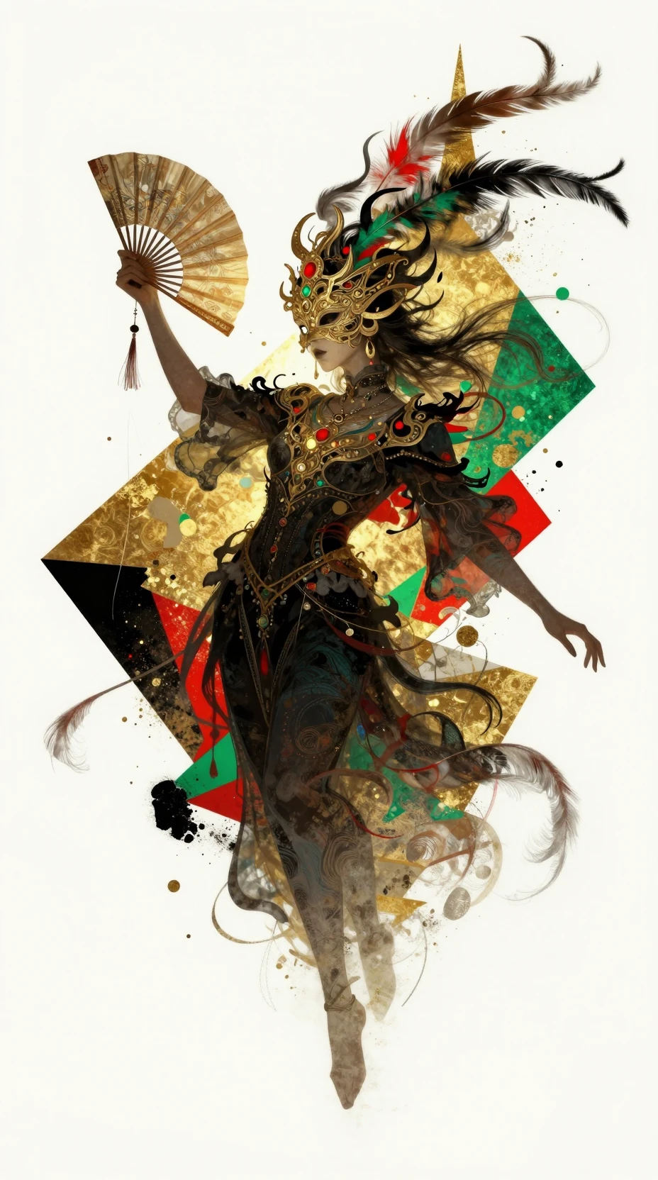 Masked figure posing with ornate fan on white ground