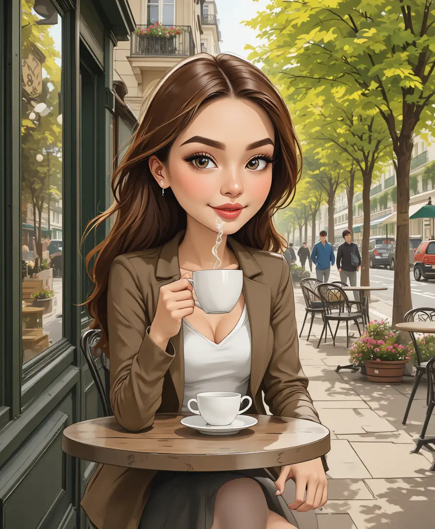 Young woman sipping coffee at a Paris street cafe