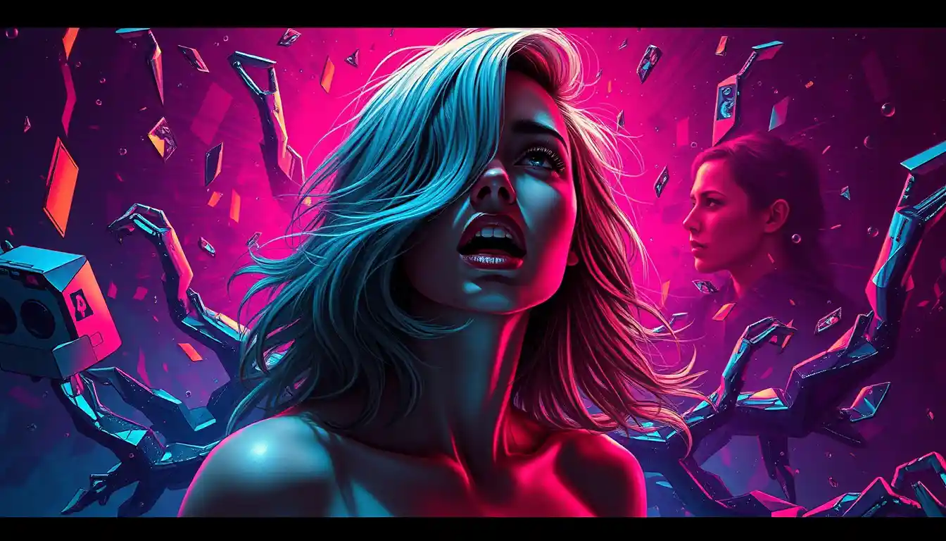 Mulher surreal presa em uma realidade rompida e em falha