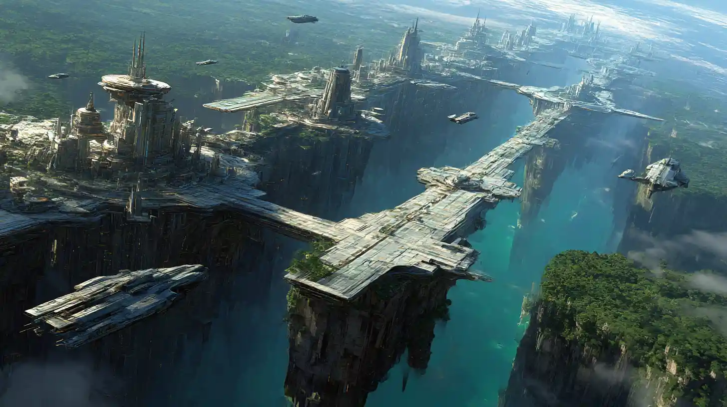 Cité futuriste avec spatioport au bord d’une falaise sur une planète verte et luxuriante