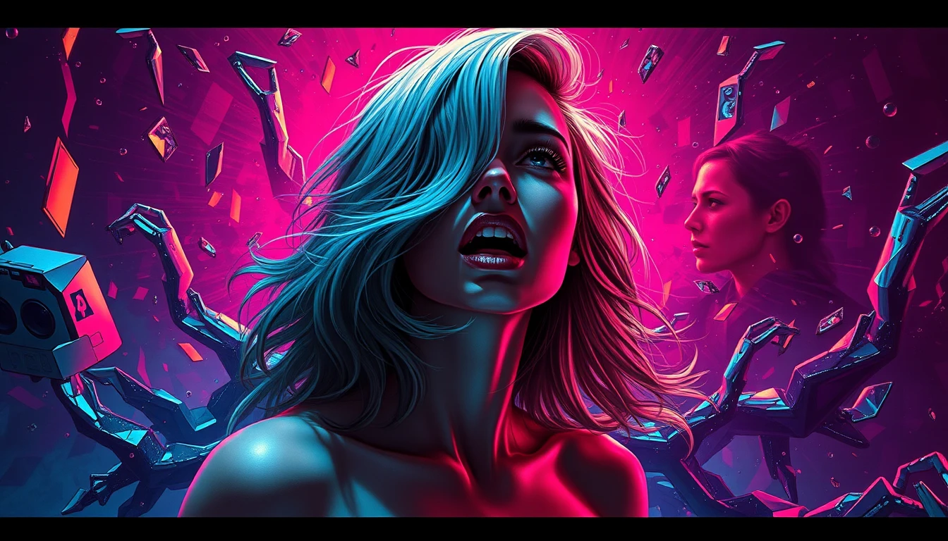 Mulher surreal presa em uma realidade rompida e em falha