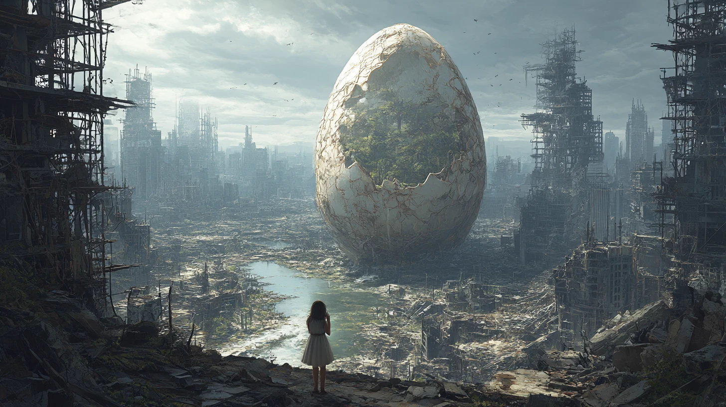 Crying woman in rags before a ruined dystopian city