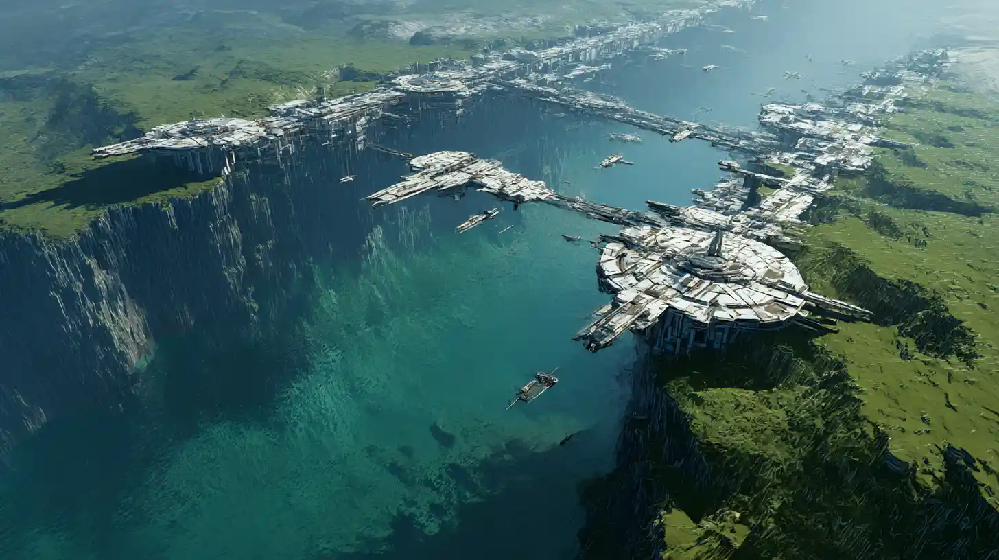 Cité futuriste avec spatioport sur l’immense falaise d’un monde vert