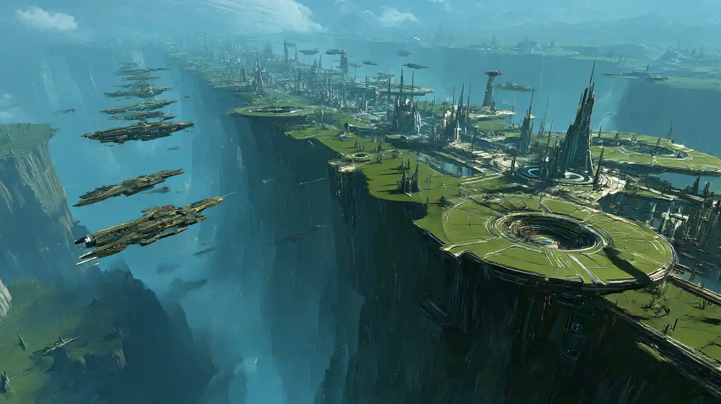 Vaste cité futuriste avec spatioport perchée sur un monde vert