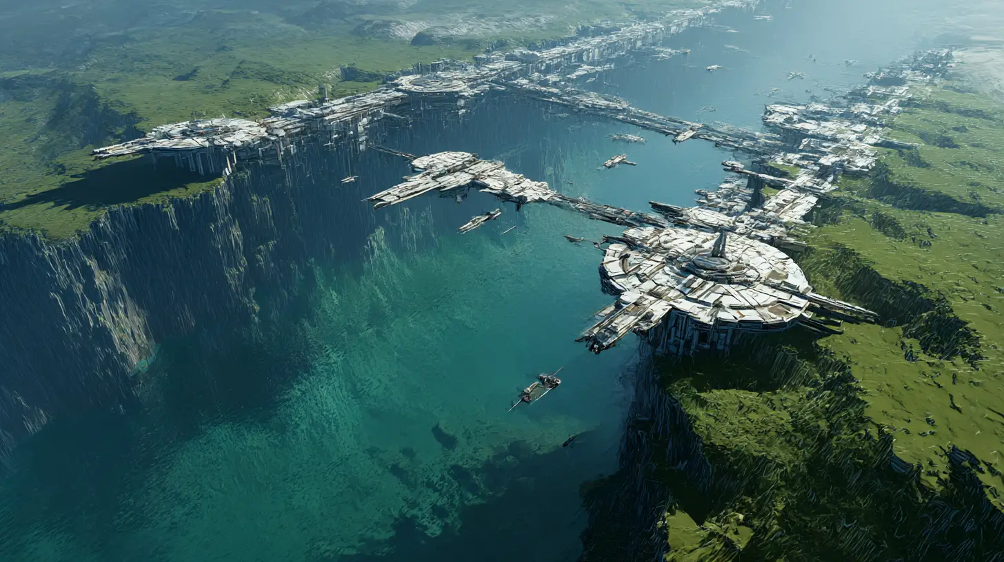Futuristic spaceport city on a vast green world cliff