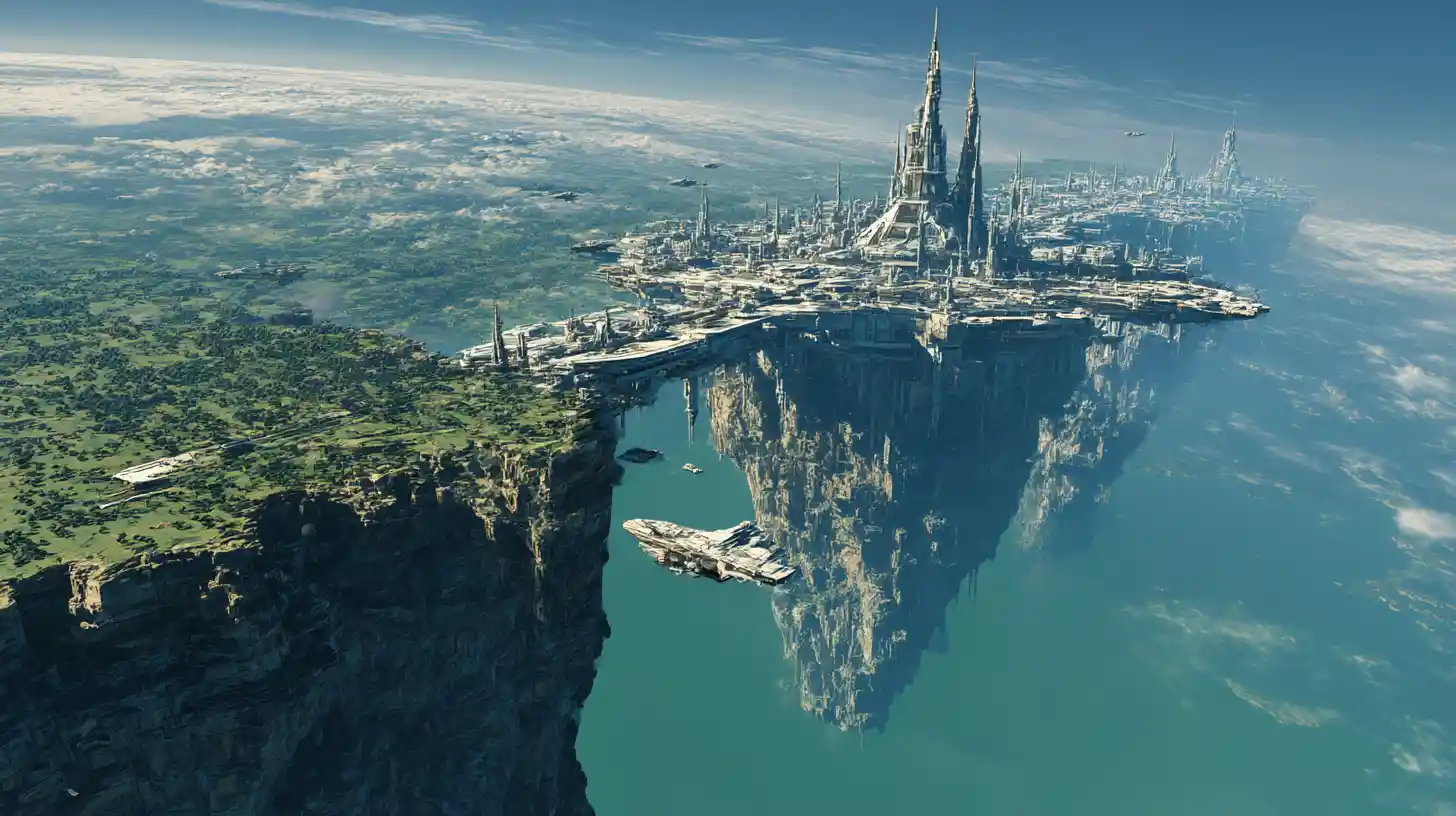 Città futuristica con spazioporto lungo un’immensa scogliera