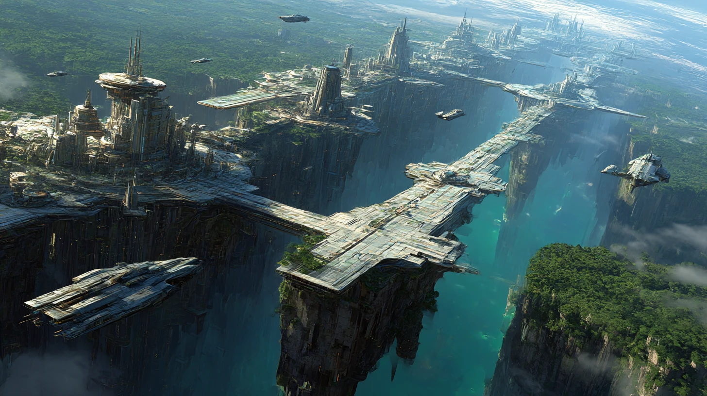 Cidade futurista com espaçoporto em penhasco em um planeta verdejante