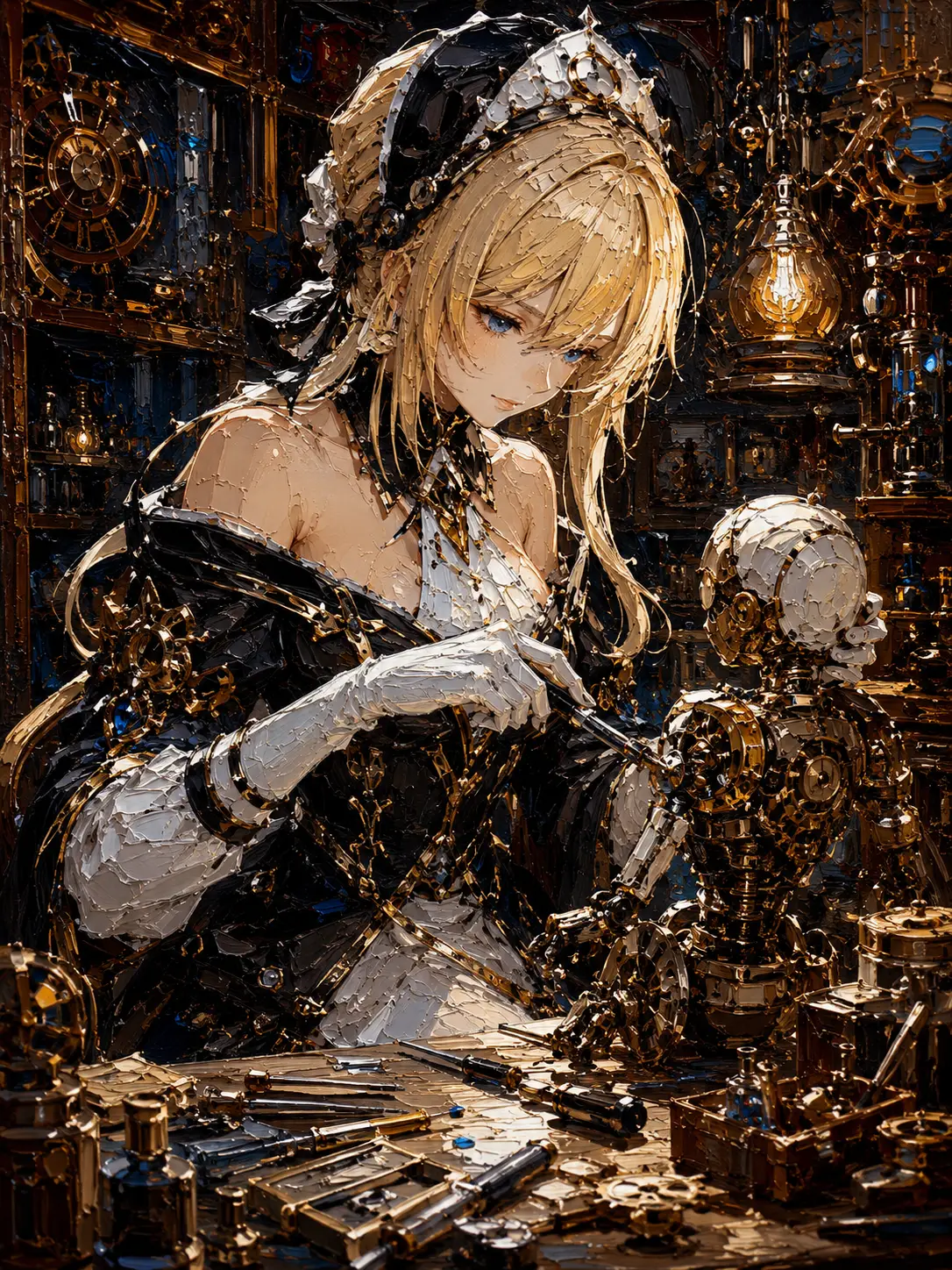 Impasto painting of an inventor woman in a steampunk workshop