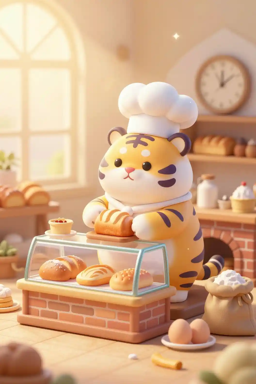 Cute 3D tiger baker making bread in a cozy bakery