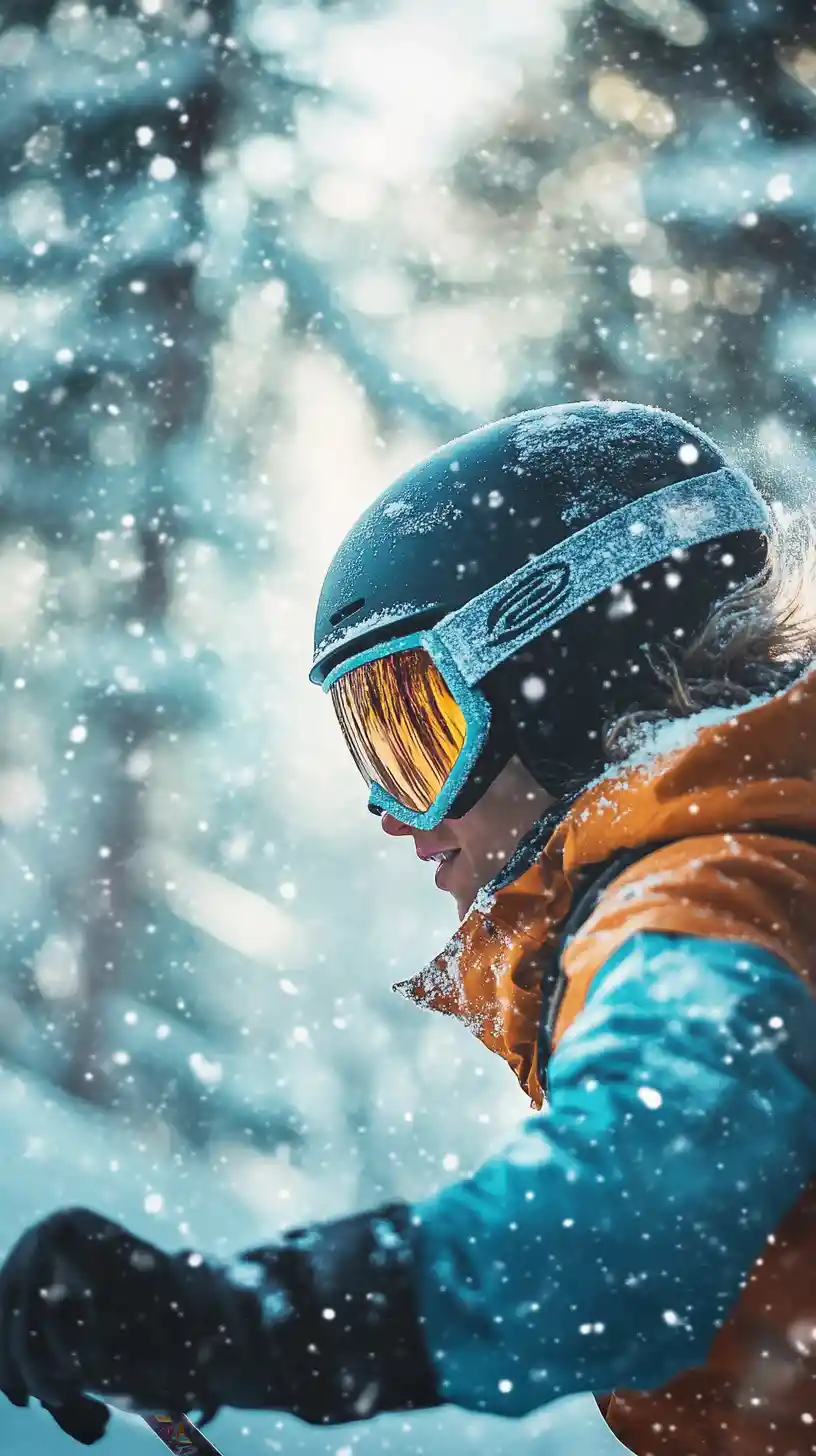 Skier In Bright Gear Racing Past An Enchanted Forest